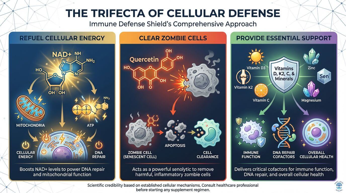 Infographic showing the trifecta of cellular defense: refueling cellular energy with NAD+, clearing zombie cells with quercetin, and providing essential vitamin and mineral support for DNA integrity