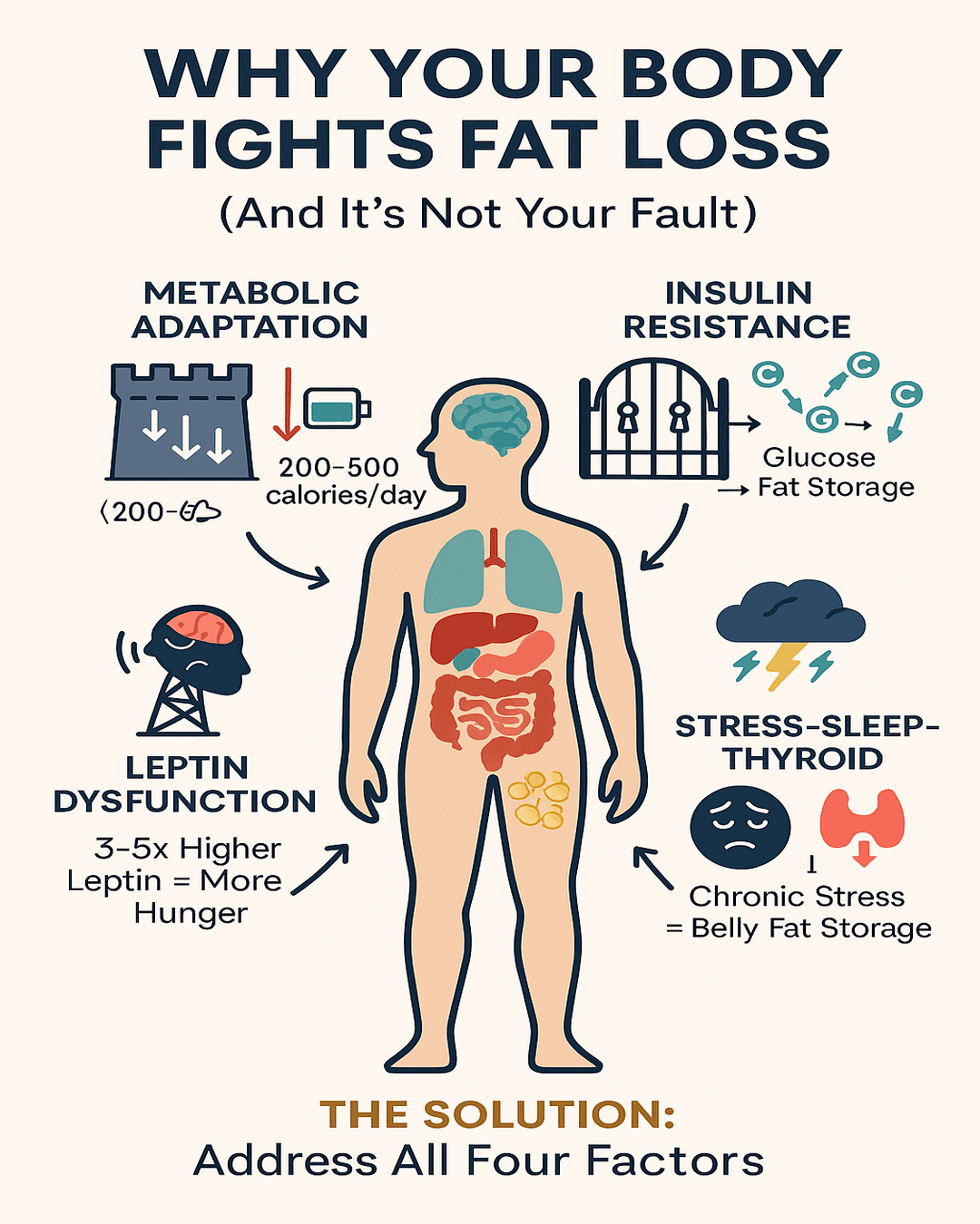 Infographic showing how insulin resistance creates a vicious cycle of fat storage and metabolic dysfunction