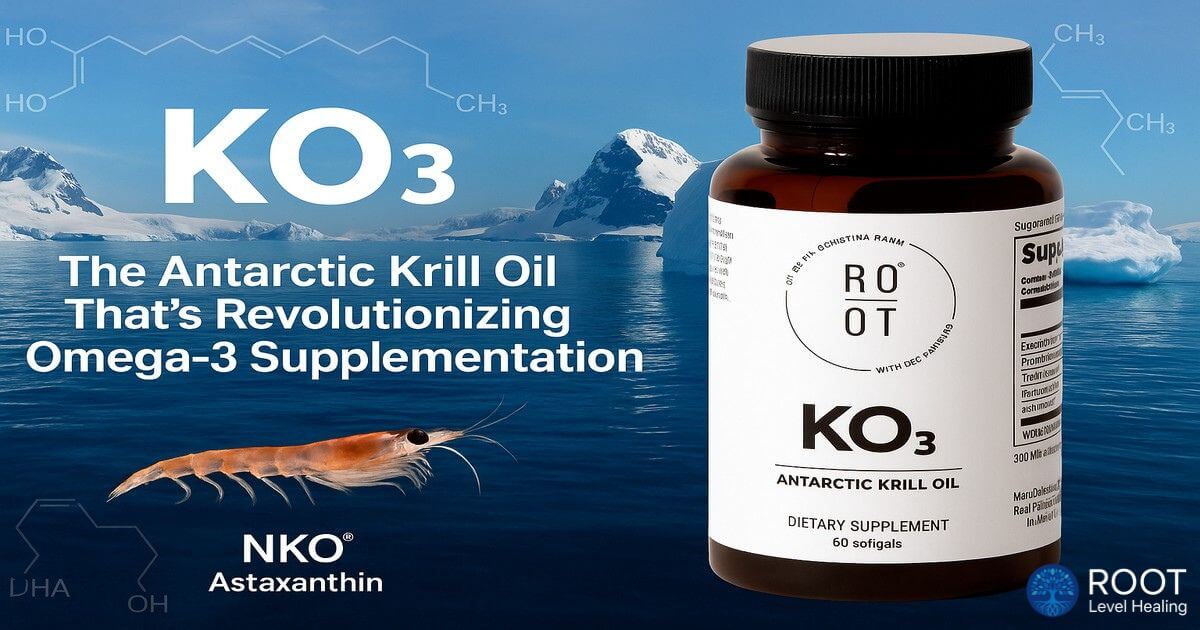 Professional product shot of KO3 Antarctic Krill Oil supplement with pristine Antarctic waters and krill imagery in the background.