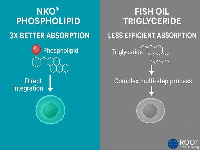 Infographic showing how NKO® phospholipids provide superior absorption compared to fish oil triglycerides.