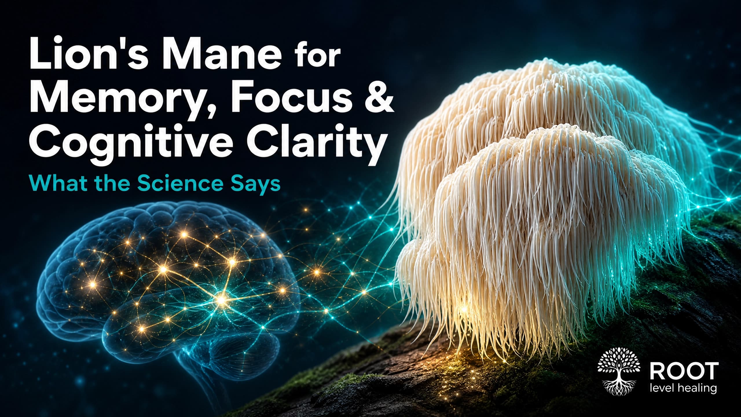 Lion's Mane mushroom surrounded by glowing neural networks representing memory, focus, and cognitive clarity improvements from BDNF and neuroplasticity stimulation