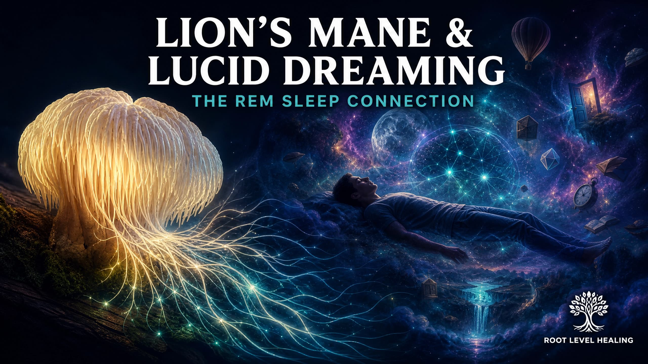 Lion's Mane mushroom transitioning into a dreamscape representing lucid dreaming and REM sleep
