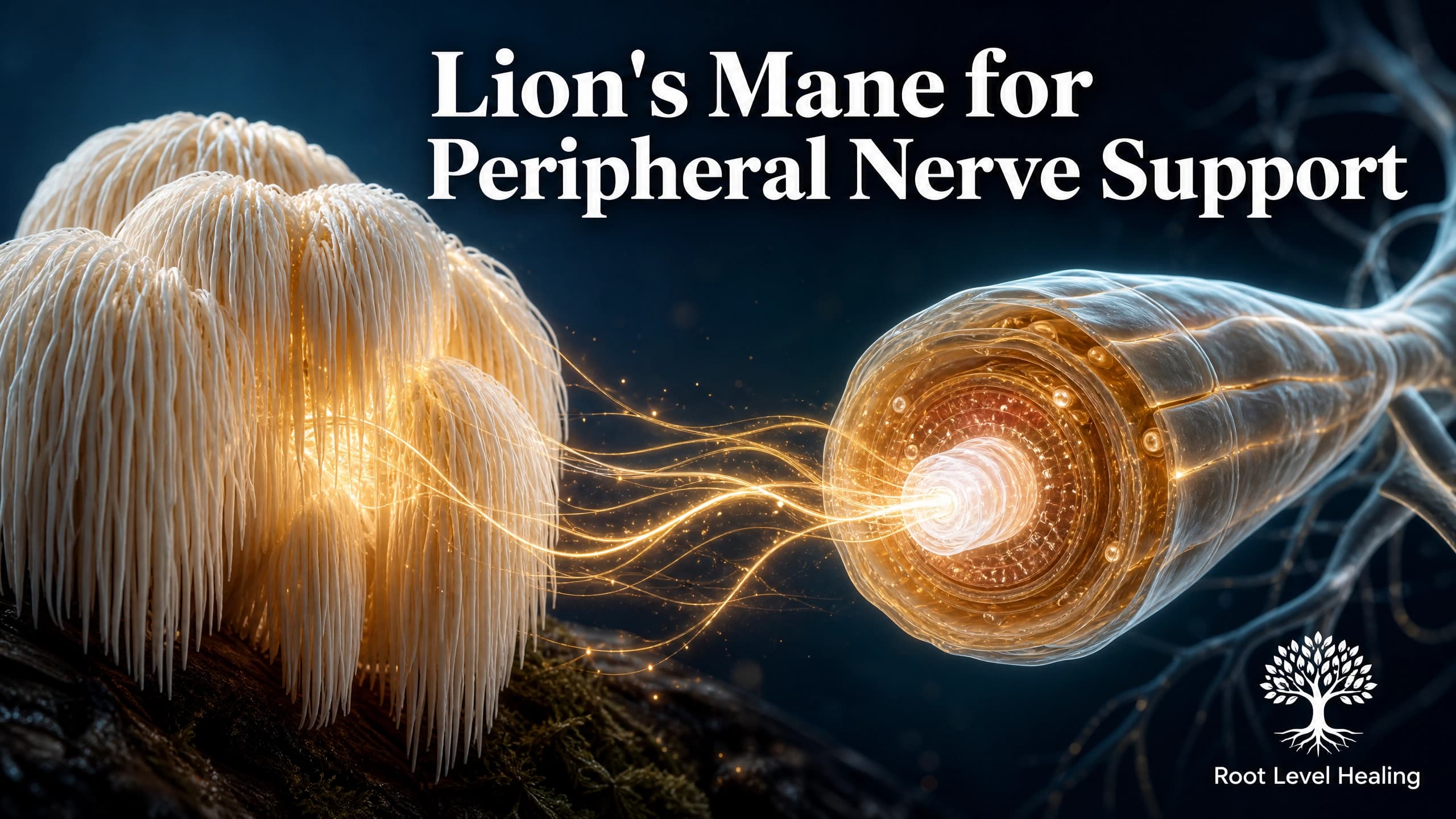 Lion's Mane mushroom glowing with peripheral nerve network connections