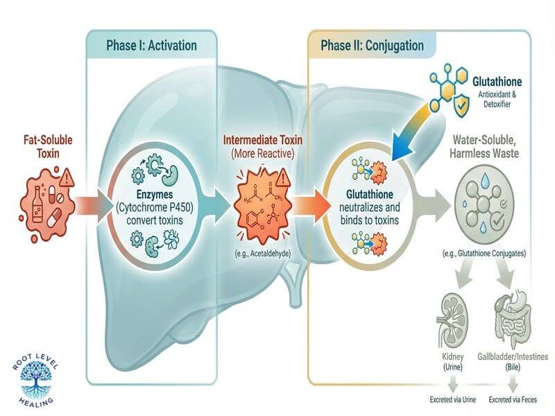 A diagram showing the two phases of liver detoxification, highlighting the role of glutathione in Phase II
