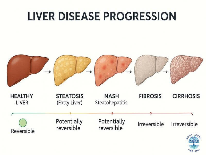 Medical diagram showing the progression of liver disease from healthy liver to cirrhosis