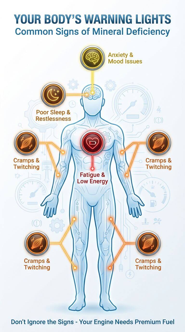 An infographic displaying common mineral deficiency symptoms like fatigue, muscle cramps, poor sleep, and anxiety.