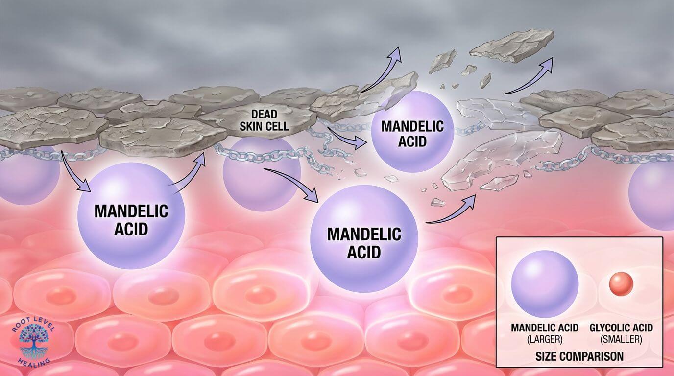A microscopic view showing mandelic acid molecules gently loosening the bonds between dead skin cells on the surface, revealing fresh, new cells underneath.