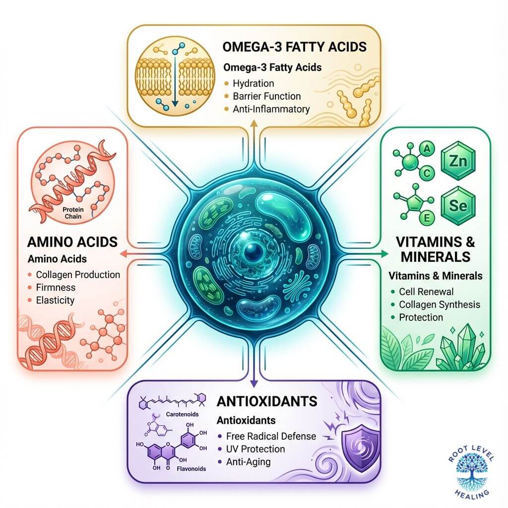 Infographic showing the rich nutrient profile of marine phytoplankton, including Omega-3s, vitamins, minerals, amino acids, and antioxidants, and their benefits for the skin.