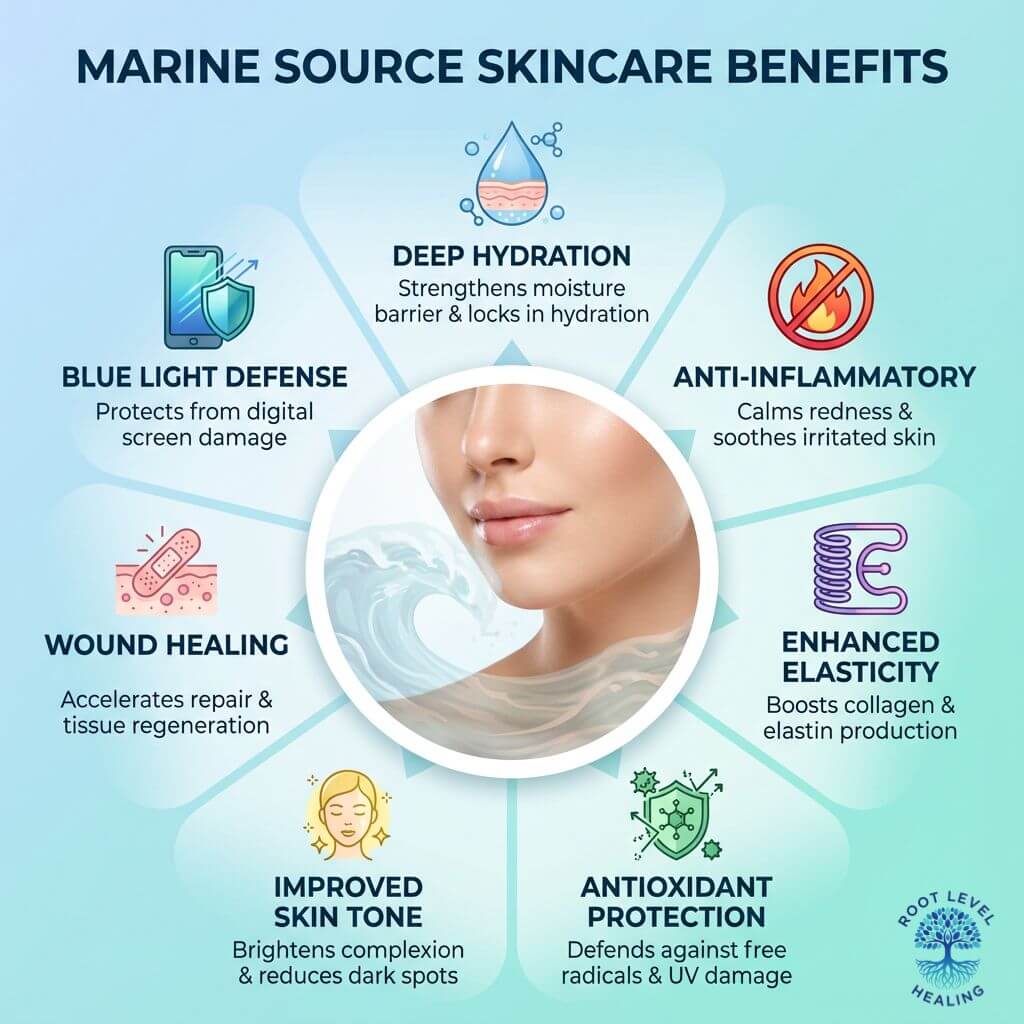 Infographic showing seven key skin benefits of marine phytoplankton: deep hydration, anti-inflammatory effects, enhanced elasticity, antioxidant protection, improved skin tone, wound healing, and blue light defense