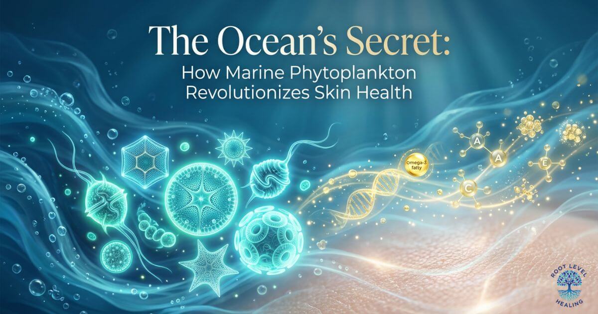 An artistic illustration of microscopic marine phytoplankton glowing with bioluminescent light, with ocean waves and bubbles in the background, representing the power of the ocean for skin health.