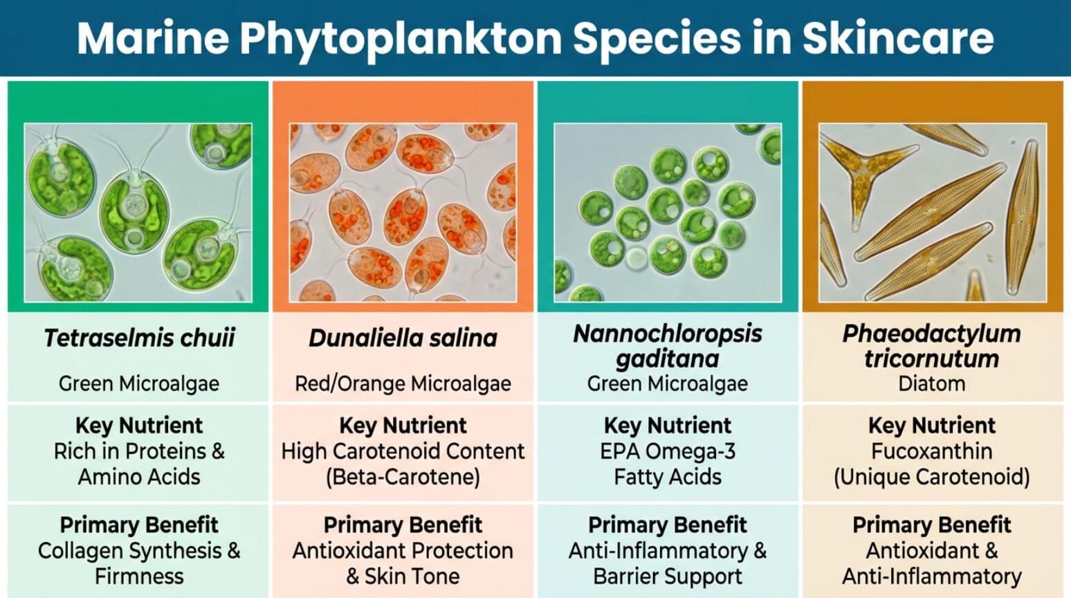 Comparison chart of four marine phytoplankton species used in skincare: Tetraselmis chuii, Dunaliella salina, Nannochloropsis gaditana, and Phaeodactylum tricornutum, showing their unique nutrients and skin benefits