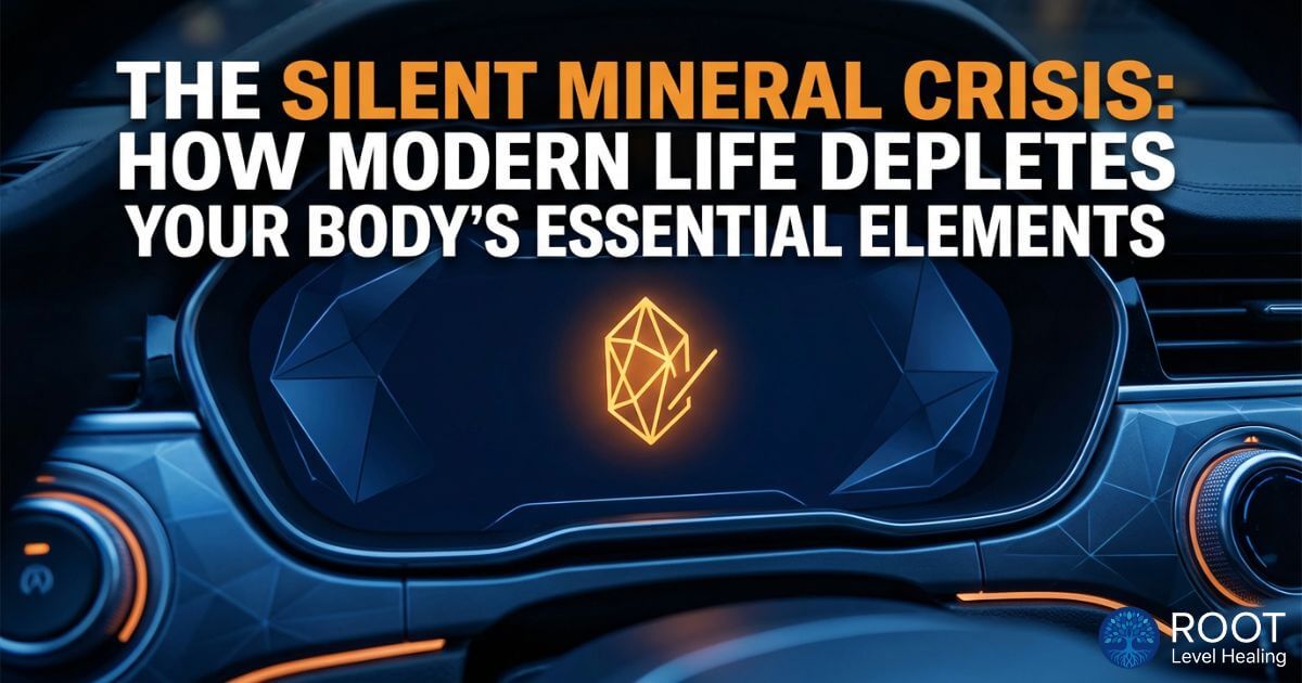 A dashboard warning light shaped like a mineral icon, symbolizing the body's silent mineral crisis.