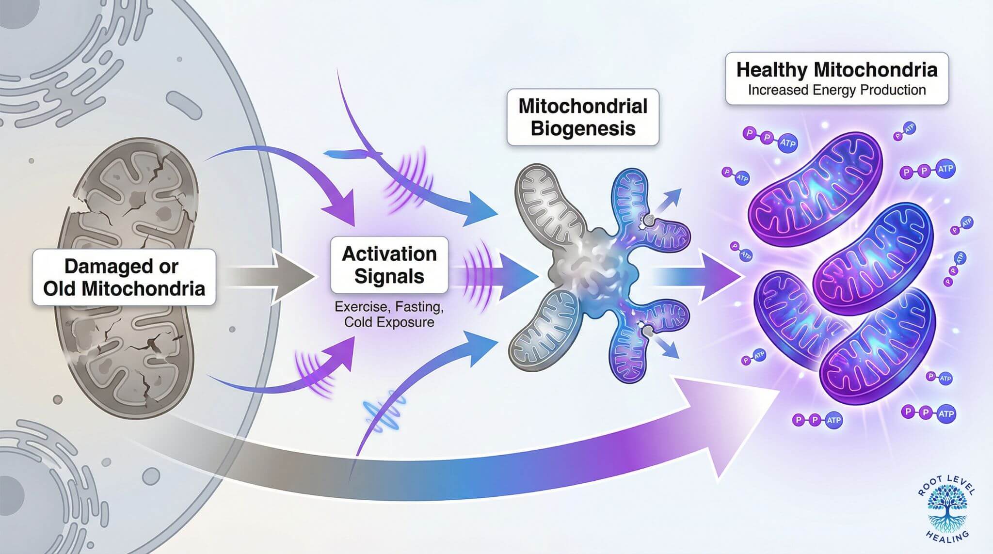 Scientific diagram illustrating the mitochondrial biogenesis process from damaged mitochondria through activation signals like exercise and fasting to the creation of healthy new mitochondria producing increased ATP energy