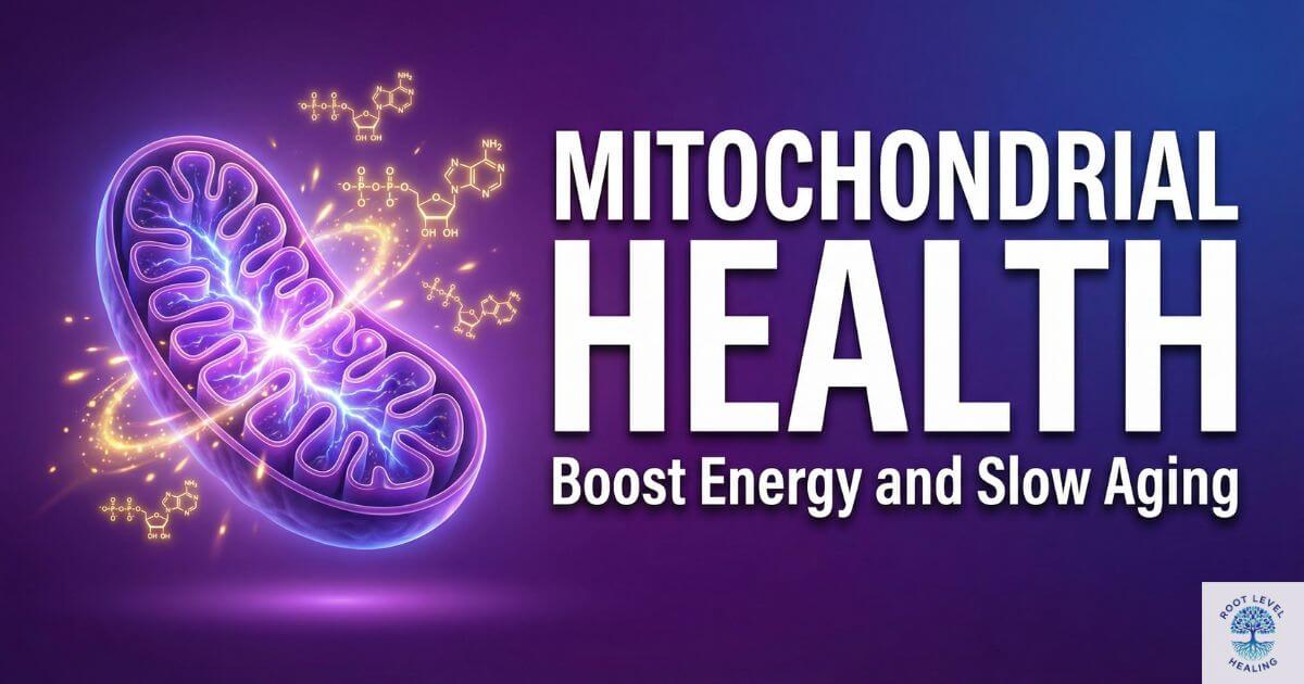 Mitochondrial health featured image showing a glowing mitochondrion producing ATP energy molecules with title text: Mitochondrial Health - Boost Energy and Slow Aging