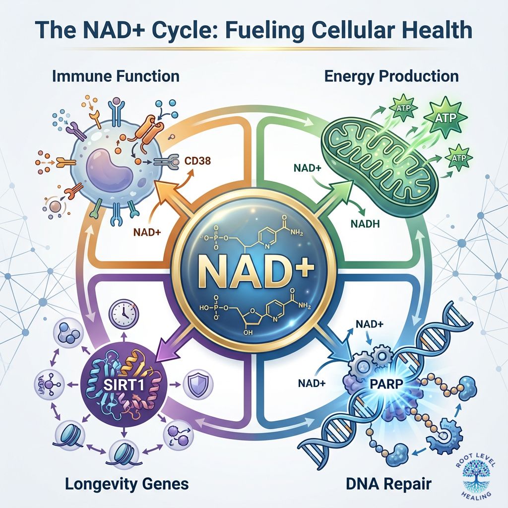 Infographic of the NAD+ cycle, showing its central role in fueling Energy Production (ATP), DNA Repair (PARPs), Longevity Genes (Sirtuins), and Immune Function (CD38).