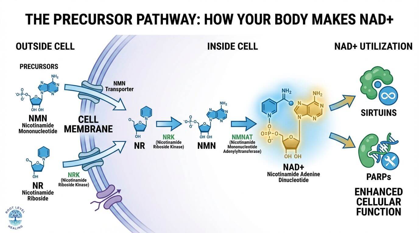 A simplified diagram showing how NAD+ precursors like NMN and NR are converted into NAD+ inside the cell.