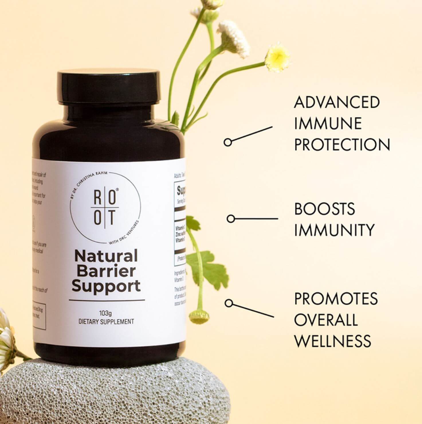 An infographic showing the synergistic benefits of the Natural Barrier Support product; advanced immune protection, boosts immunity, promotes overall wellness.