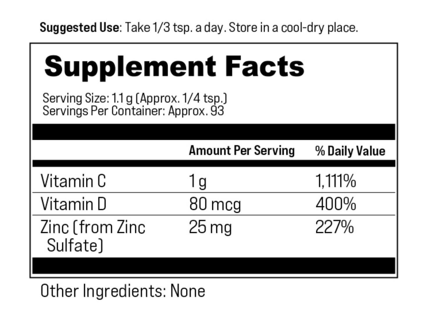 The supplement facts label for Natural Barrier Support, showing the amounts of Vitamin C, Vitamin D, and Zinc per serving.