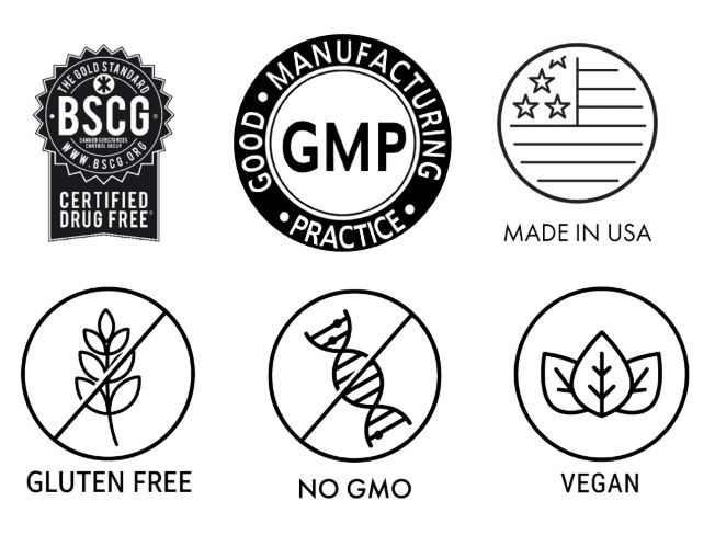 A collection of quality certification badges, including BSCG Certified Drug-Free, GMP, Made in USA, Gluten-Free, No GMO, and Vegan.