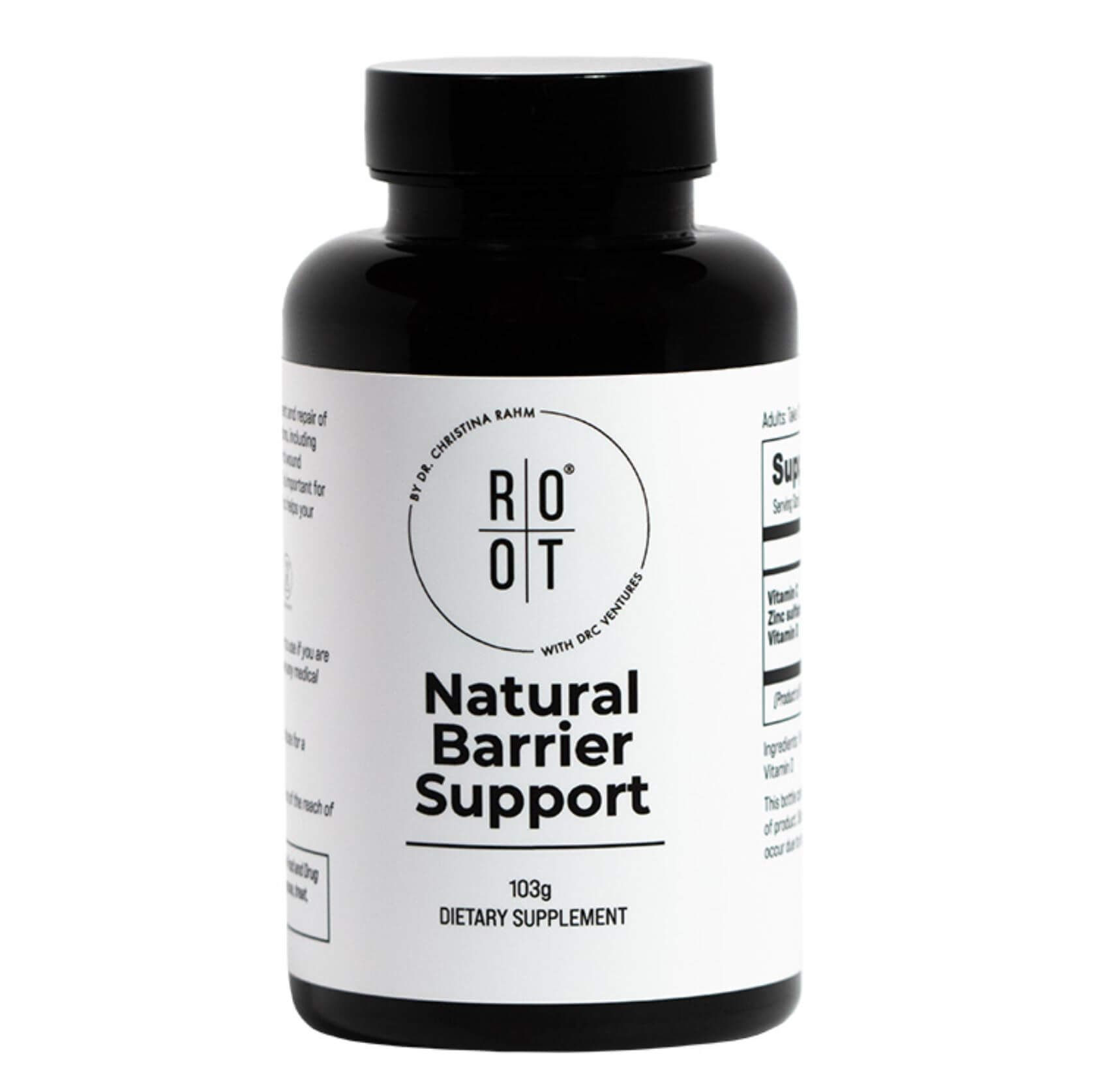 A clean, professional product shot of the Natural Barrier Support supplement bottle on a white background.