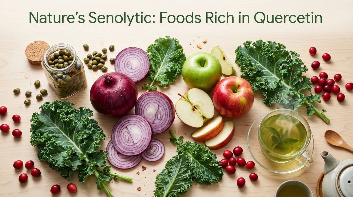 A collage of foods high in quercetin, including red onions, apples, capers, berries, and kale.