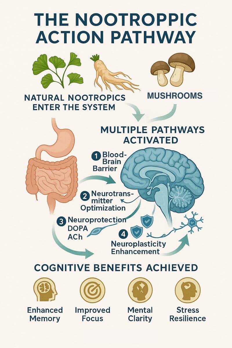 Infographic showing the natural nootropic action pathway from plant compounds to enhanced cognitive function through multiple brain mechanisms including improved cerebral blood flow, neurotransmitter modulation, and neuroprotection.