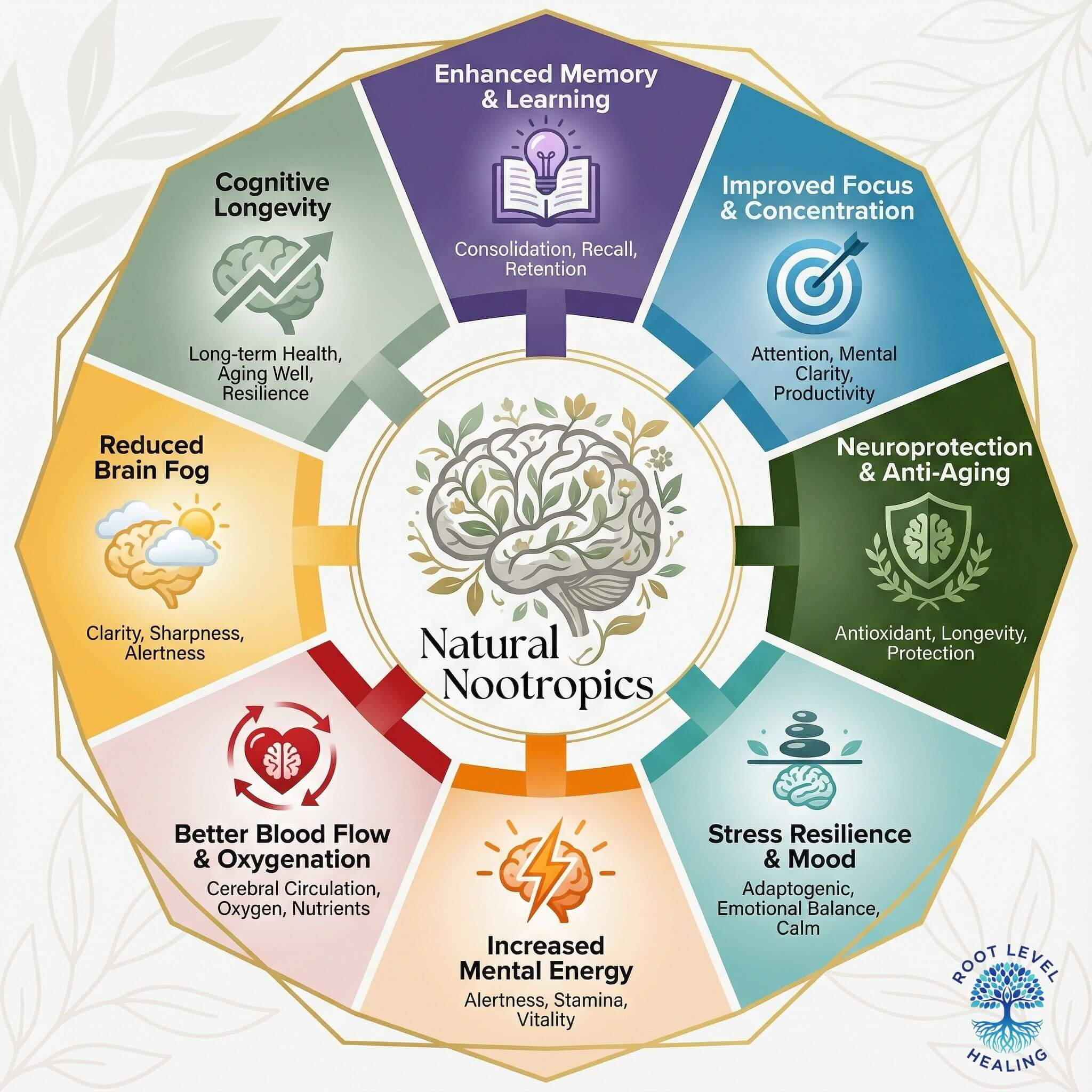 Circular wheel infographic showing eight interconnected cognitive benefits of natural nootropics: enhanced memory and learning, improved focus and concentration, neuroprotection and anti-aging, stress resilience and mood support, increased mental energy, better blood flow and oxygenation, reduced brain fog, and cognitive longevity.