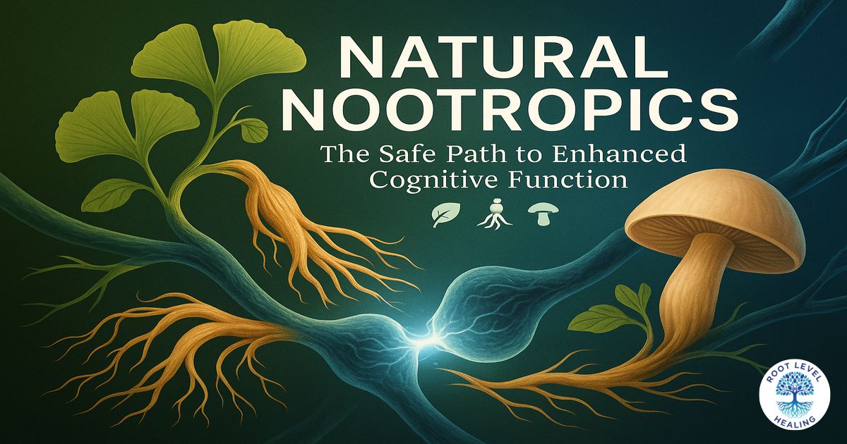 An artistic illustration showing natural botanical elements like ginkgo leaves, ginseng roots, and neural pathways connecting in a harmonious network, representing the synergy between nature and cognitive enhancement.