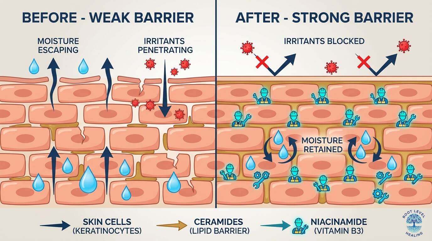 A diagram illustrating how niacinamide (Vitamin B3) strengthens the skin barrier by stimulating ceramide synthesis, showing a fortified brick wall of skin cells with strong mortar.
