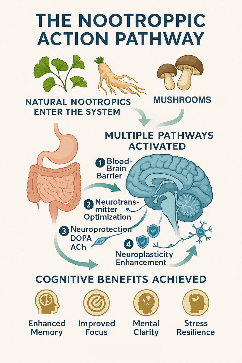 Infographic showing the natural nootropic action pathway from plant compounds to enhanced cognitive function through multiple brain mechanisms.