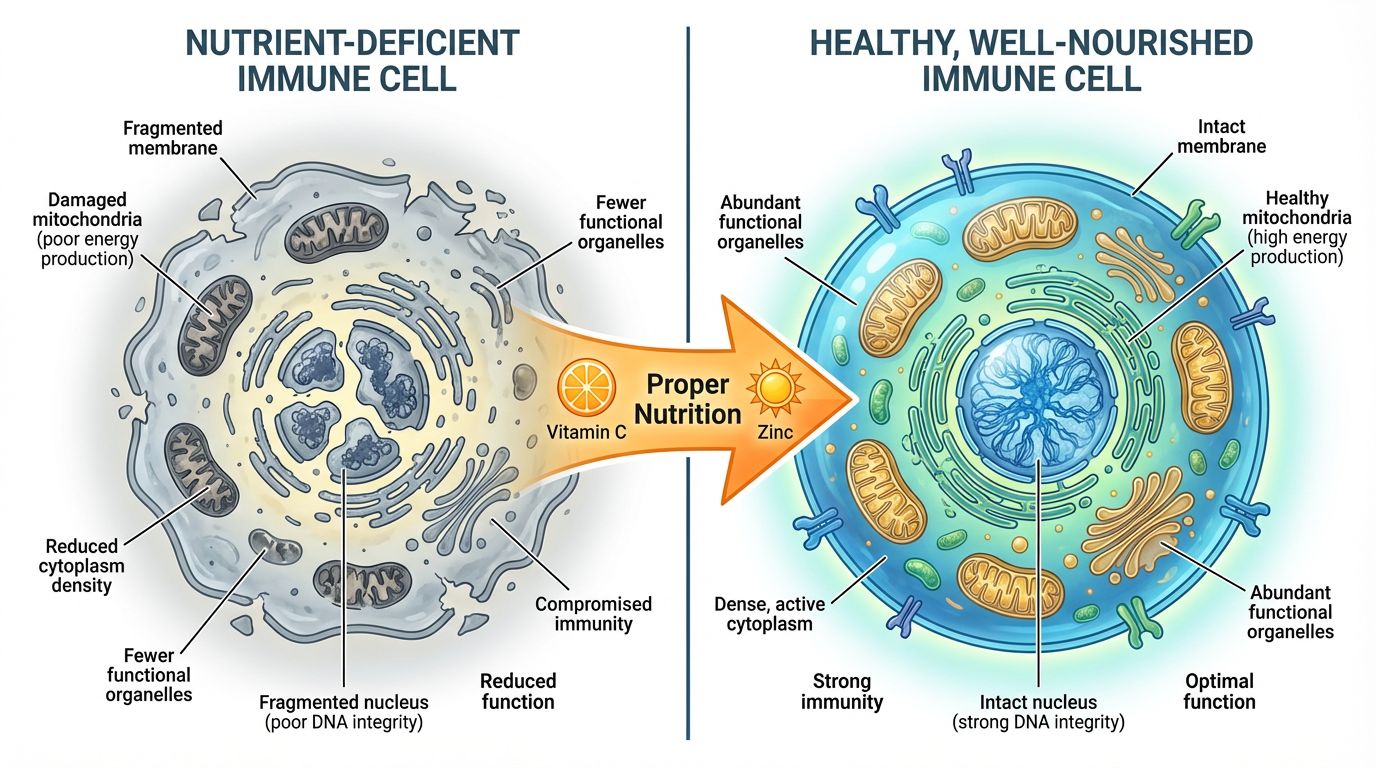 A visual comparison showing a well-nourished immune cell versus a nutrient-deficient one, highlighting the structural and functional differences