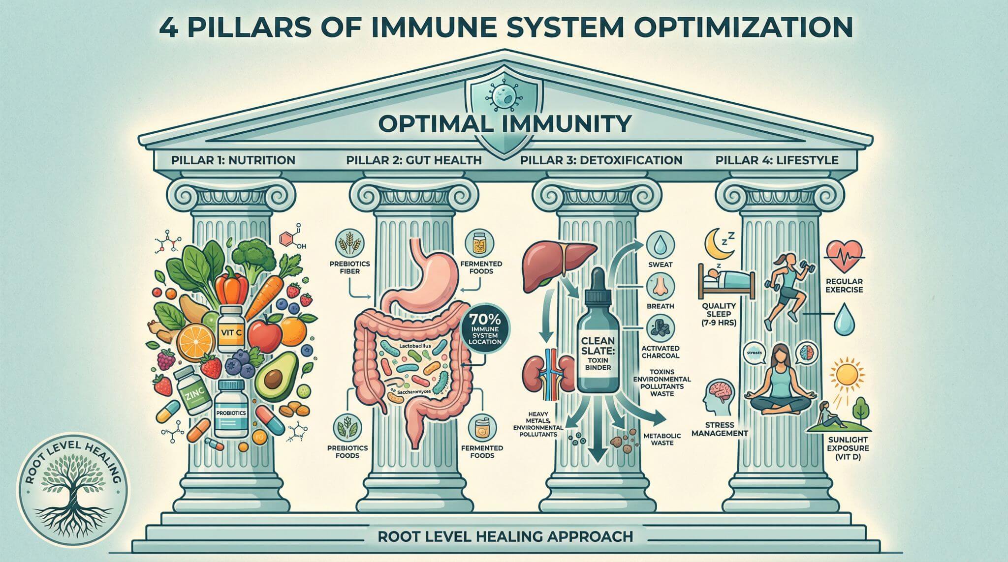 4 pillars of immune system optimization: nutrition, gut health, detoxification, and lifestyle