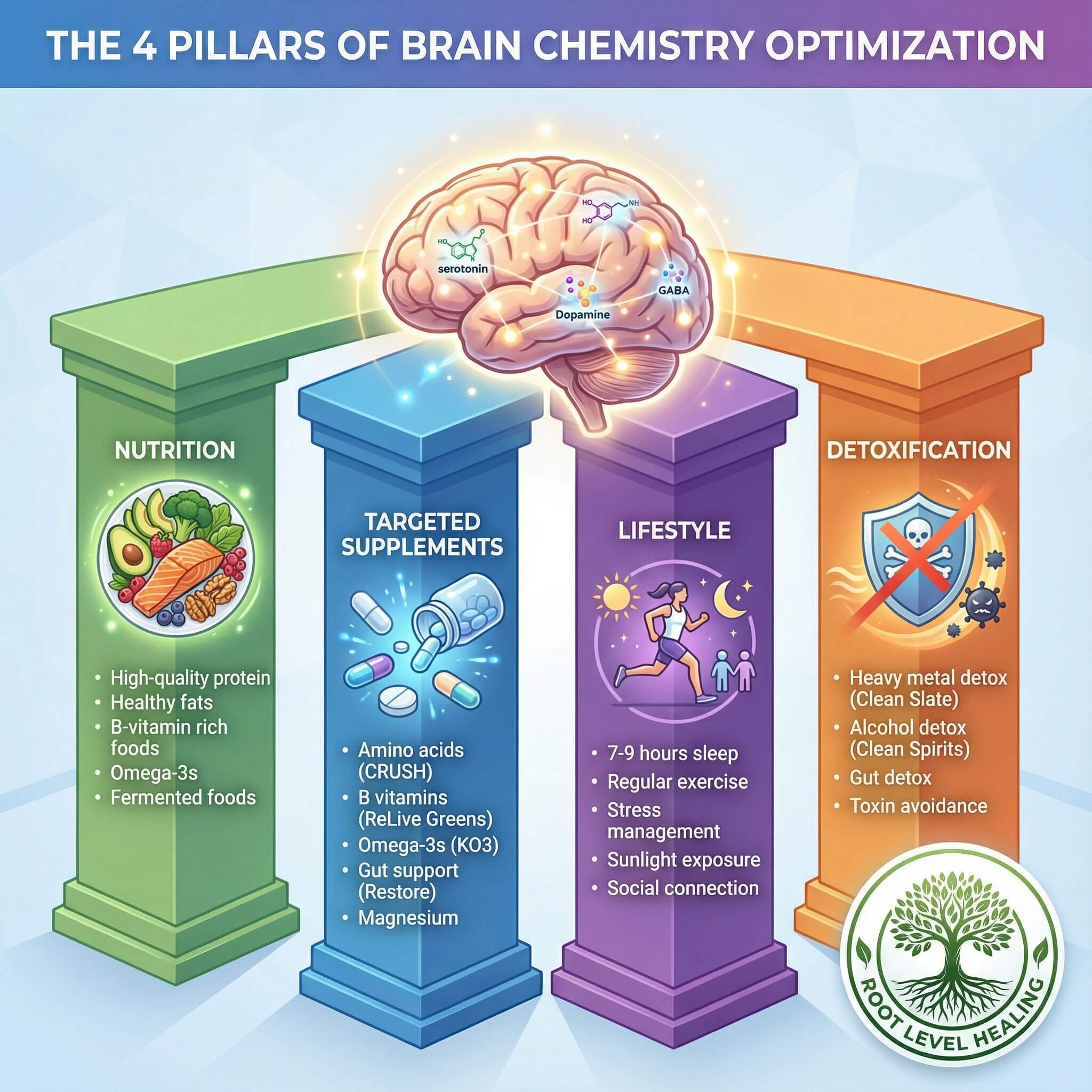 The 4 Pillars of Brain Chemistry Optimization - Nutrition, Targeted Supplements, Lifestyle, Detoxification