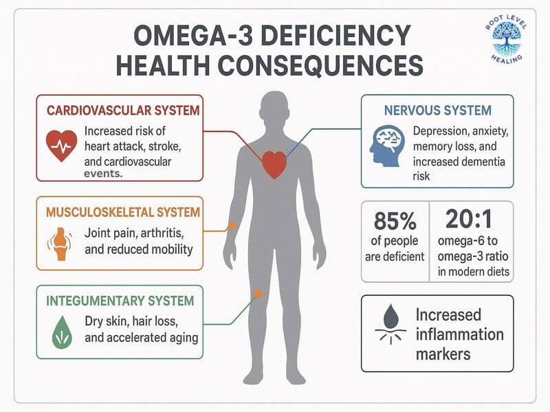Infographic showing the health consequences of omega-3 deficiency across multiple body systems
