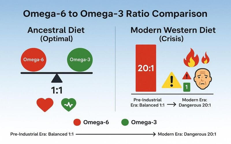 Chart comparing historical vs modern omega-6 to omega-3 ratios showing dramatic imbalance