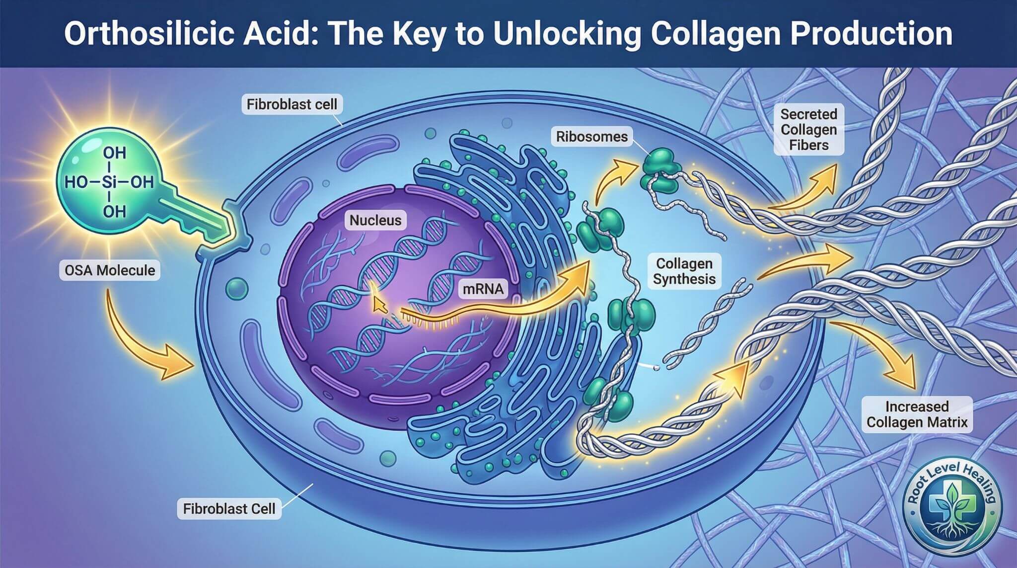 Infographic showing how Orthosilicic Acid stimulates collagen production in a fibroblast cell.