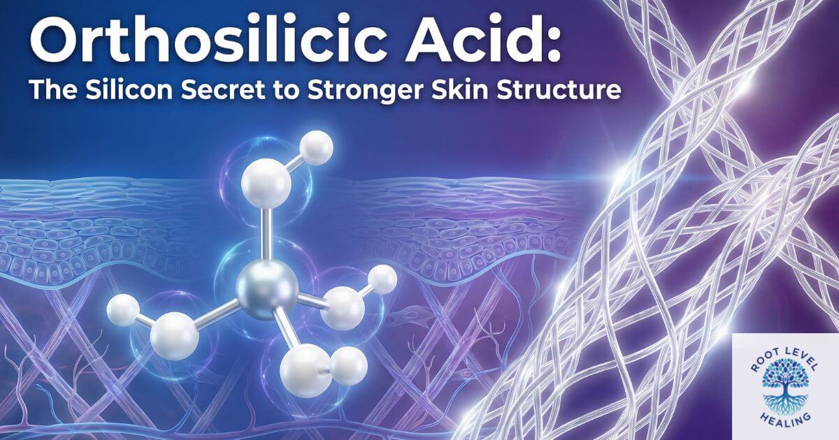 A scientific illustration showing the Orthosilicic Acid molecule strengthening collagen fibers in the skin.