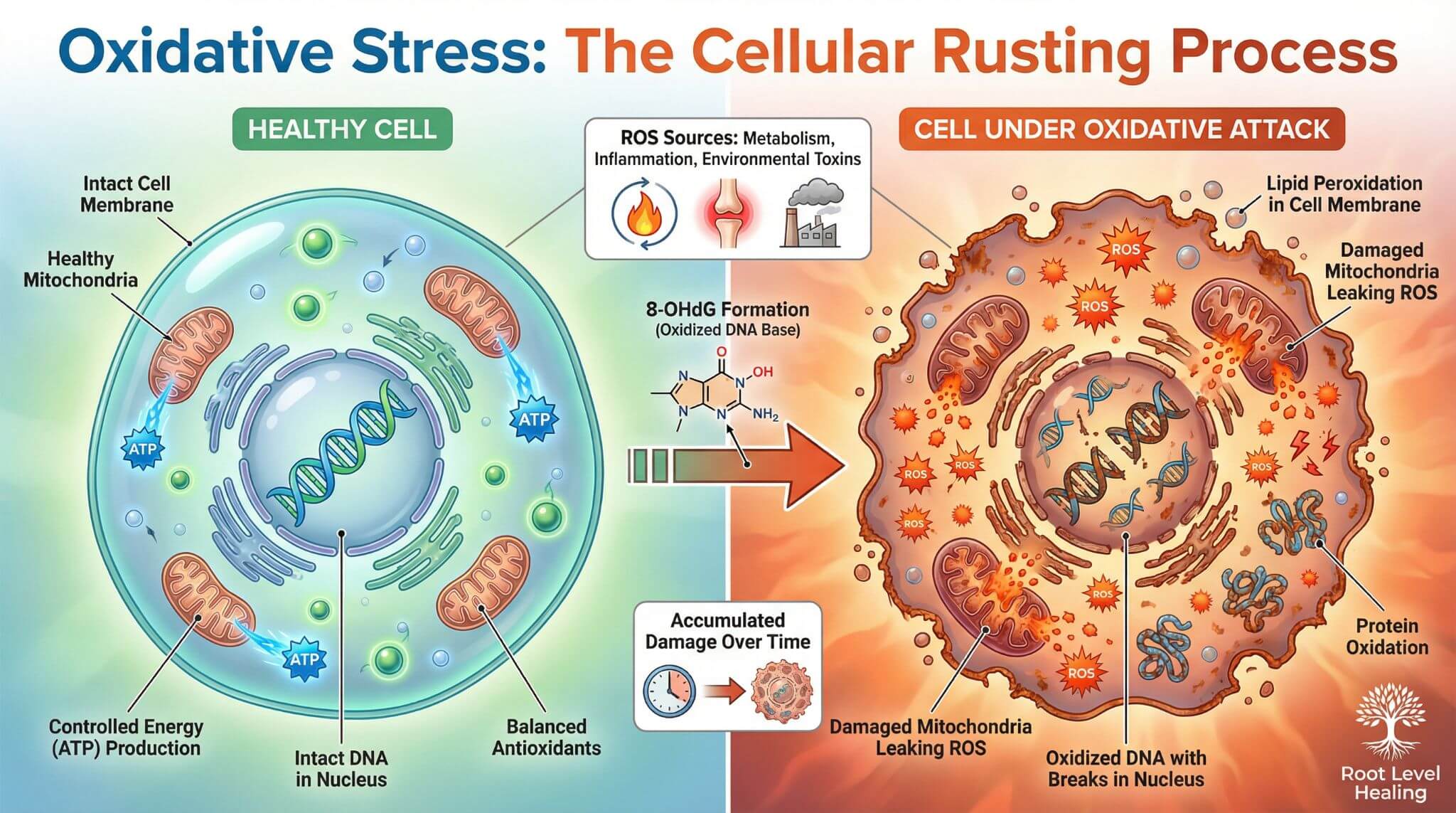 Side-by-side comparison showing a healthy cell with balanced antioxidants and intact DNA versus a cell under oxidative attack with excessive free radicals, damaged mitochondria, oxidized DNA, and protein oxidation in pets