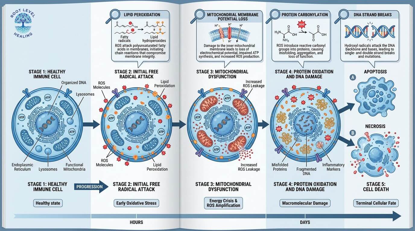 A diagram showing the progression of oxidative stress on an immune cell, from initial free radical attack to membrane damage, mitochondrial dysfunction, and eventual cell death (apoptosis).