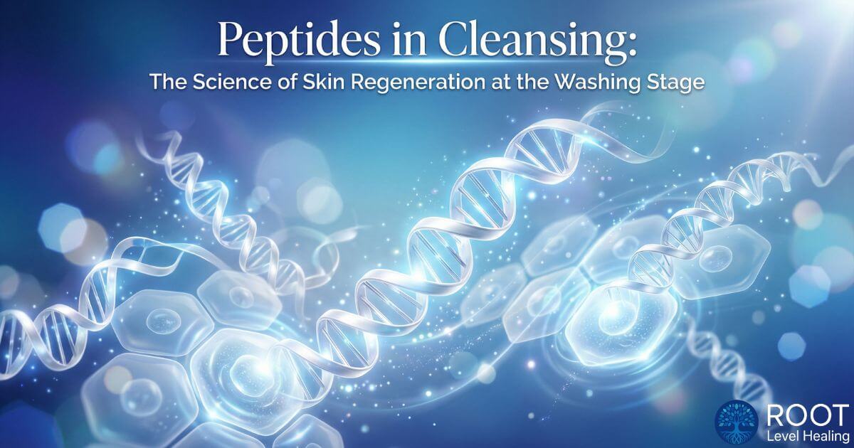 An artistic rendering of peptide chains integrating with skin cells during cleansing, symbolizing the start of regeneration.