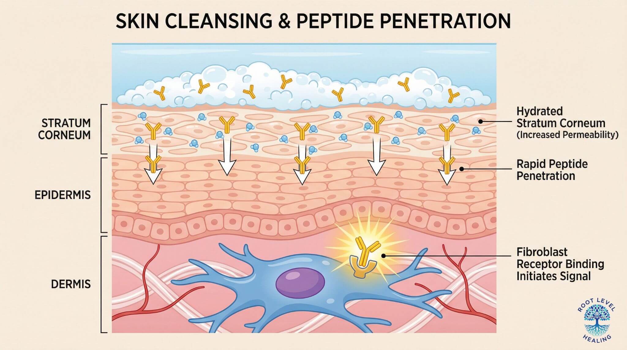 Diagram showing how peptides in a cleanser can penetrate the hydrated stratum corneum during washing, bind to fibroblast receptors, and initiate a signaling cascade even in a short contact time.