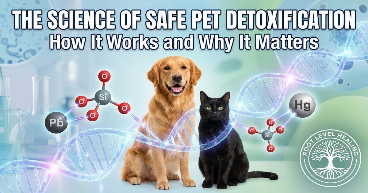 Golden retriever and black cat with DNA helix and orthosilicic acid molecular structures showing detoxification science