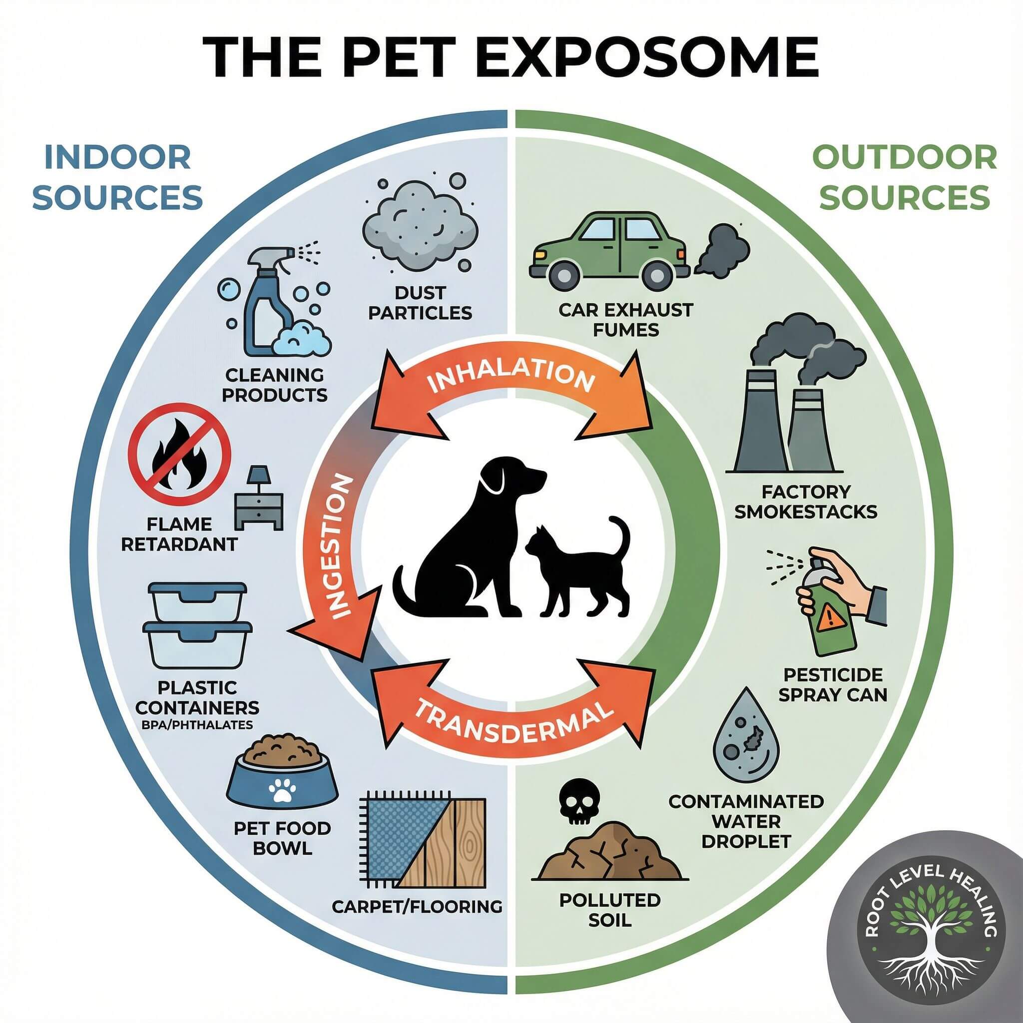 Educational circular diagram showing the pet exposome with indoor sources on left (cleaning products, dust particles, flame retardant symbol, plastic containers BPA phthalates, pet food bowl, carpet flooring) and outdoor sources on right (car exhaust fumes, factory smokestacks, pesticide spray can, contaminated water droplet, polluted soil), with dog and cat silhouettes in center and three arrows labeled ingestion, inhalation, transdermal pointing inward