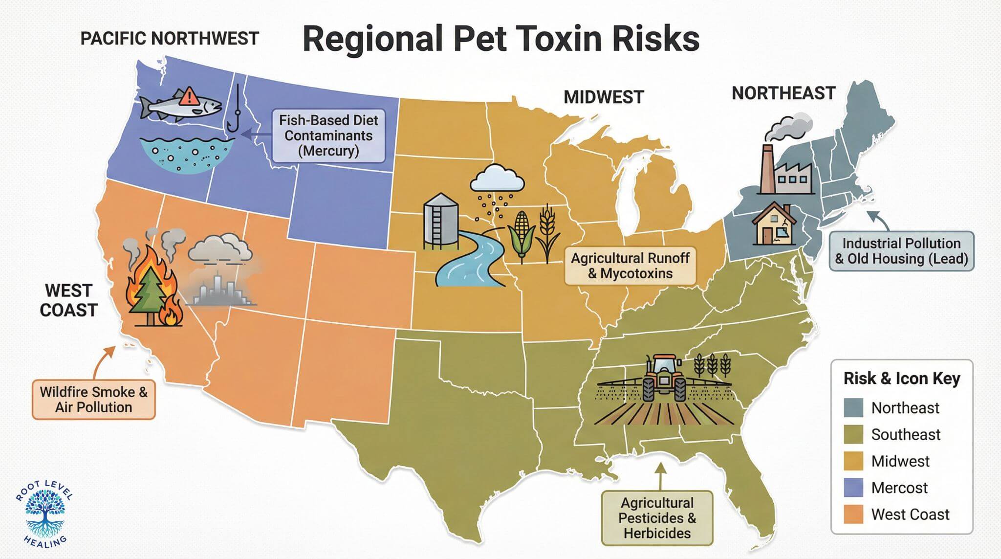 US map showing regional pet toxin risks including industrial pollution in Northeast, agricultural pesticides in Southeast and Midwest, wildfire smoke on West Coast, and fish contaminants in Pacific Northwest