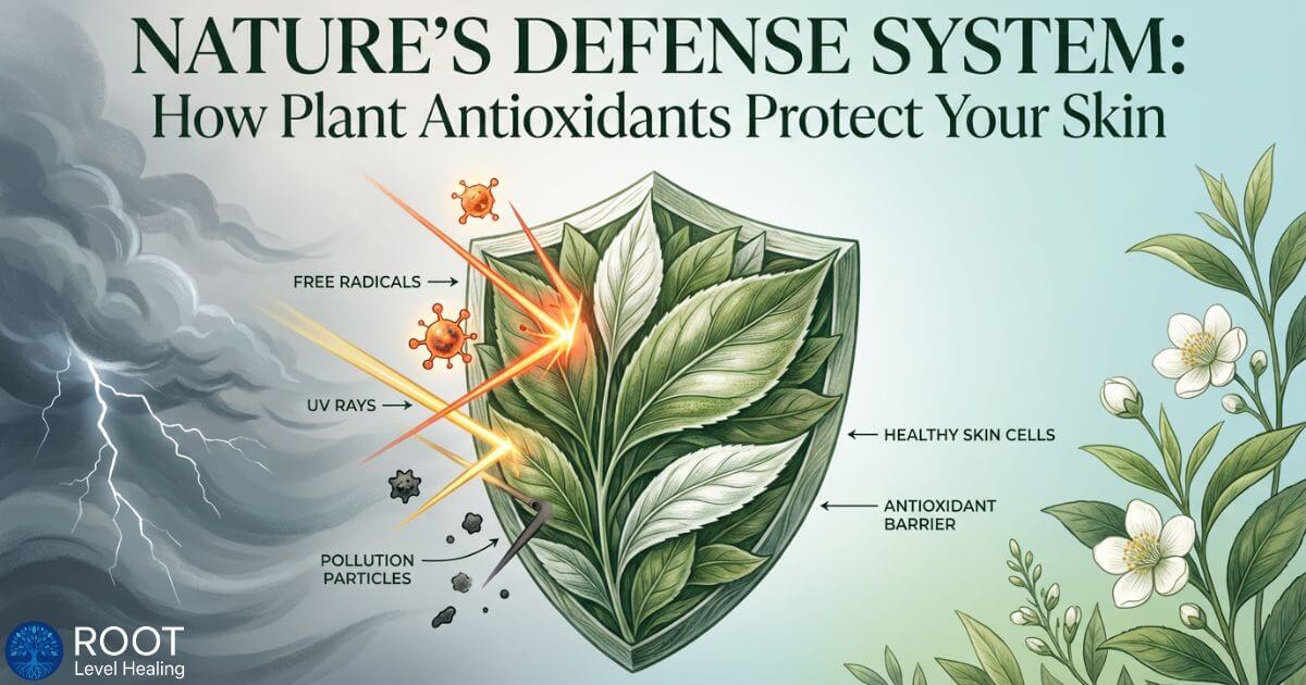 An artistic illustration of a shield made of green and white tea leaves, deflecting free radicals and UV rays, symbolizing how plant antioxidants protect the skin.