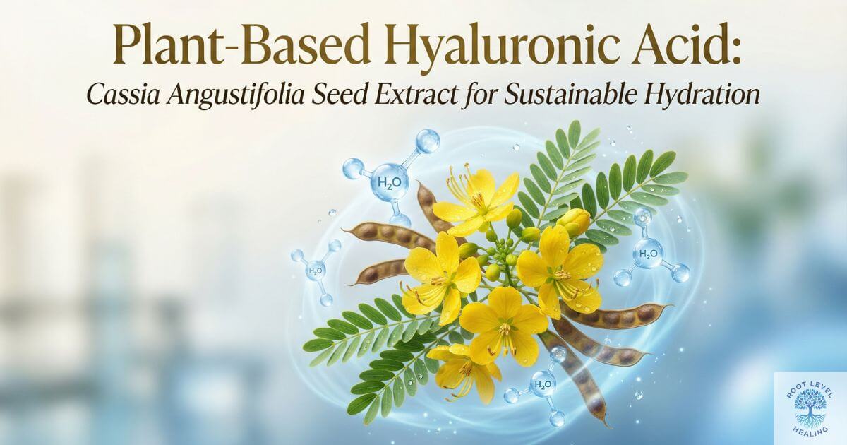 An artistic image showing the Cassia Angustifolia plant with its seeds, with water molecules visually being drawn to the plant, representing its hydrating properties.