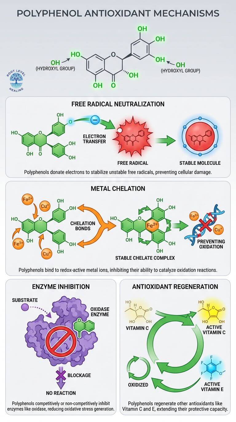 Infographic showing the molecular structure of polyphenols and illustrating their antioxidant mechanisms, such as neutralizing free radicals and chelating metal ions to protect skin cells.