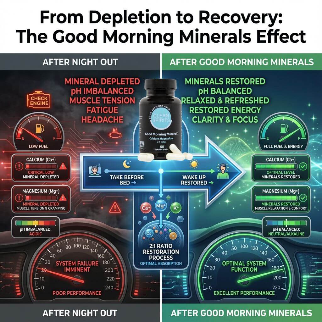 An infographic showing how a night out depletes calcium and magnesium, and how Good Morning Minerals helps restore balance.
