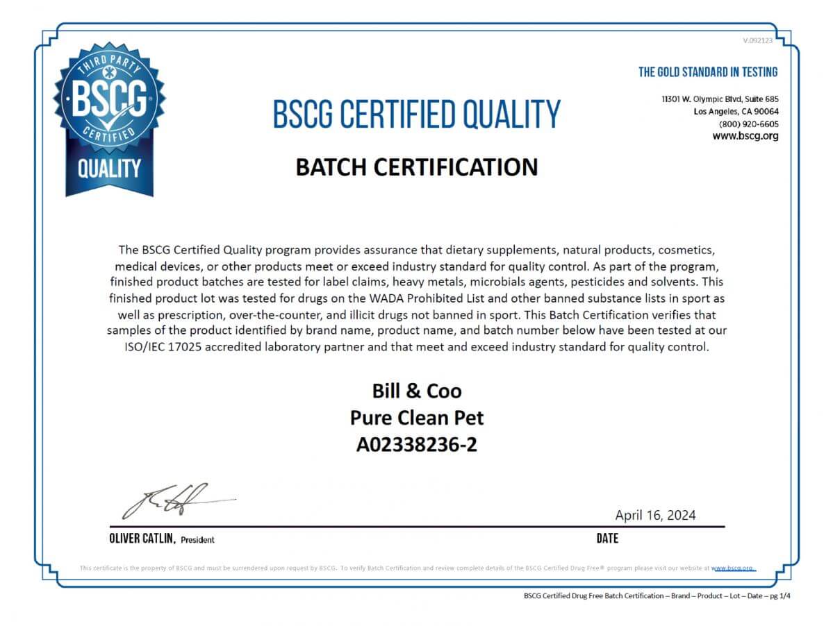 BSCG Certified Quality Batch Certification for Pure Clean Pets