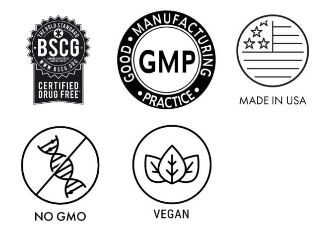 Pure Clean Pets quality certifications including BSCG Certified Drug Free, GMP Manufacturing, Made in USA, Non-GMO, and Vegan